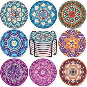 8 Packs Absorbent Drink Coaster Sets, Mandala Style Ceramic Coasters with Holder